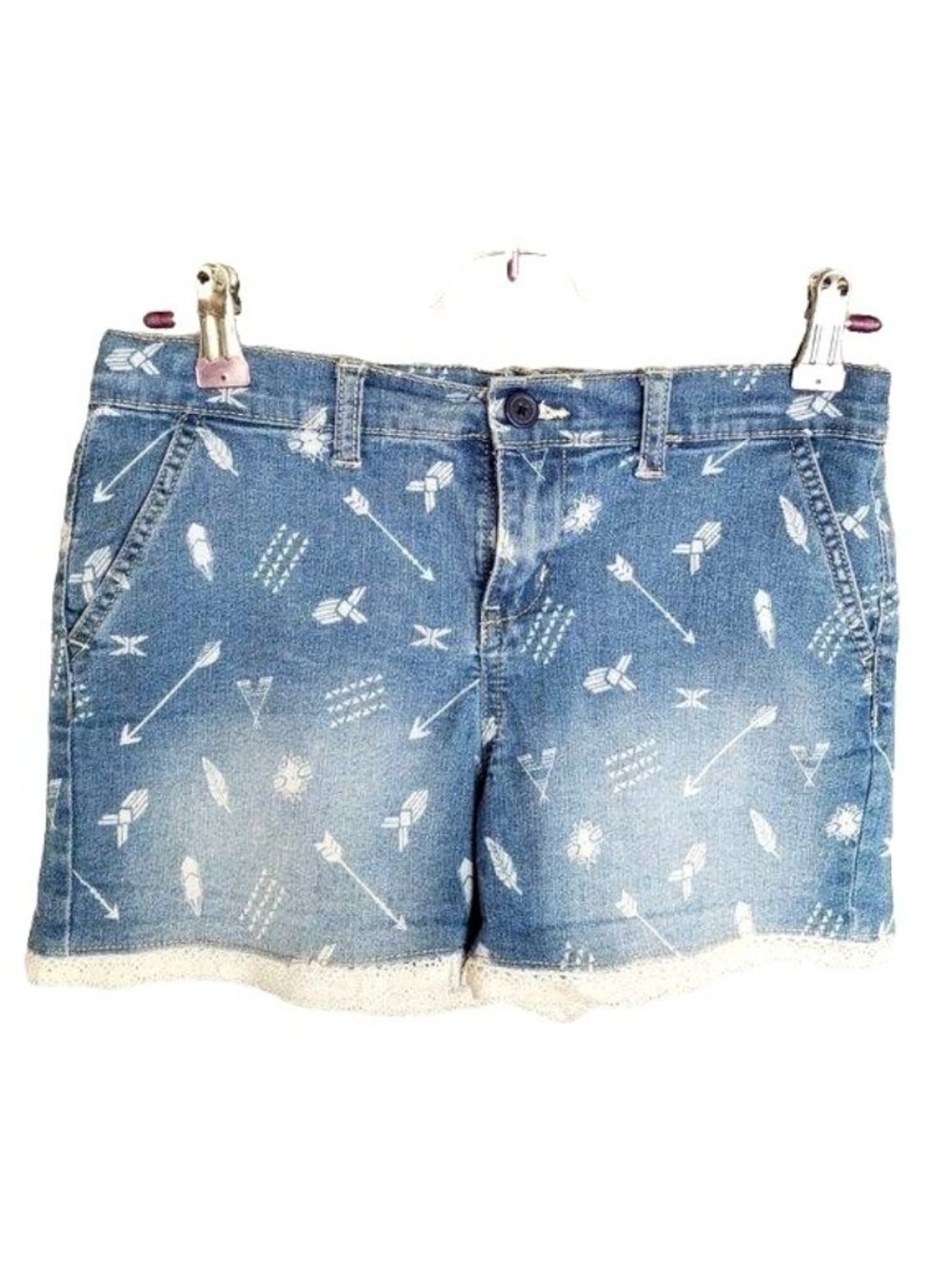 L.E.I. Girls 14 Denim Shorts Lace Trim Arrow Print Regular Stretch Grunge School